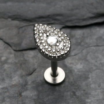 Detail View 1 of Aria Sparkle Teardrop Steel Labret-Clear Gem